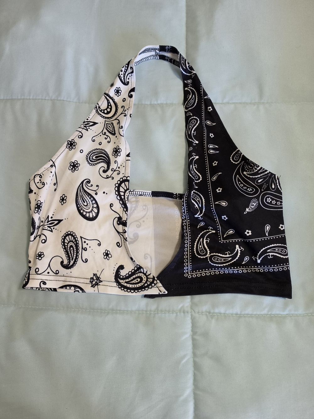 Black & White Paisley Tie In Front Halter Crop Top
